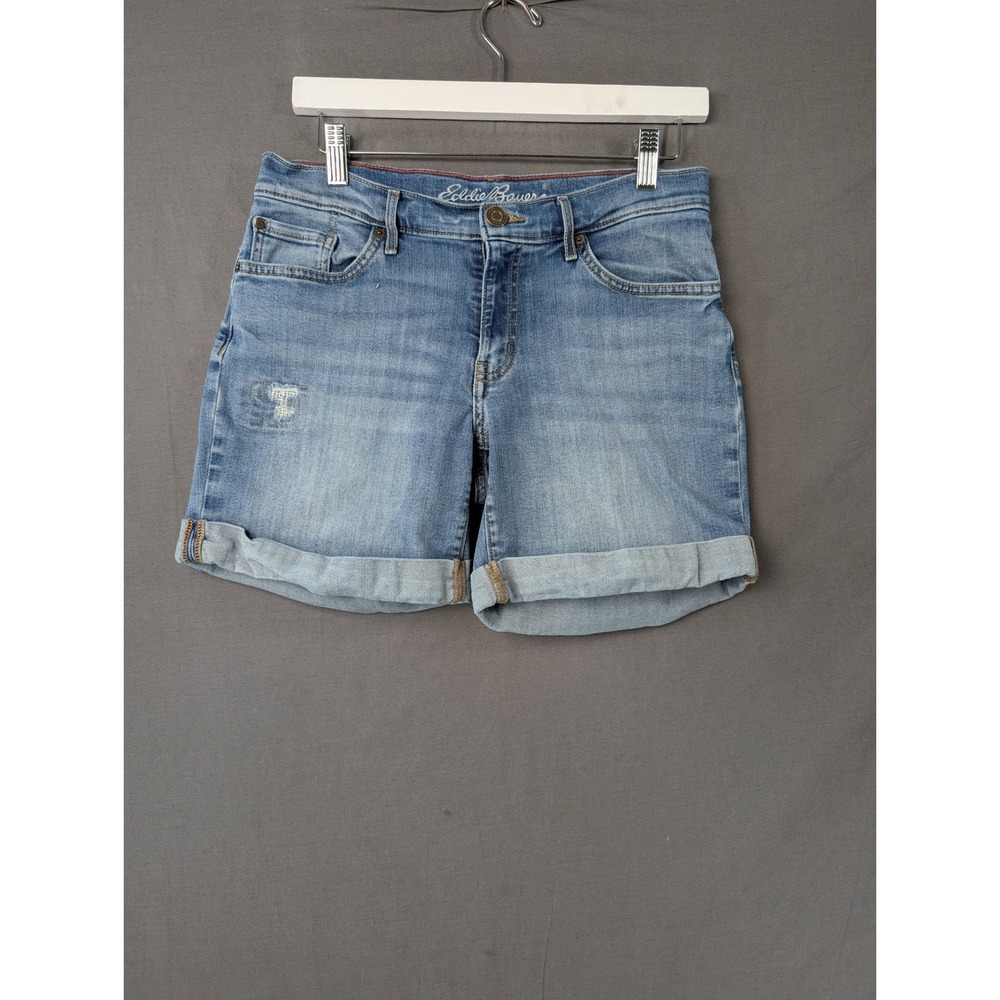 Eddie Bauer Womens Denim Jean Shorts Blue Cuffed Distressed Size 10